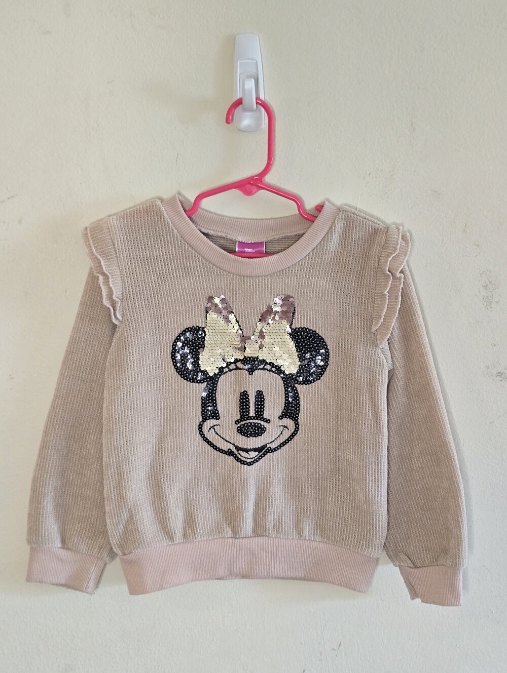 Disney Minnie Mouse Waffle Knit Sequin Sweatshirt Girls Size 5 Pink Soft Cozy